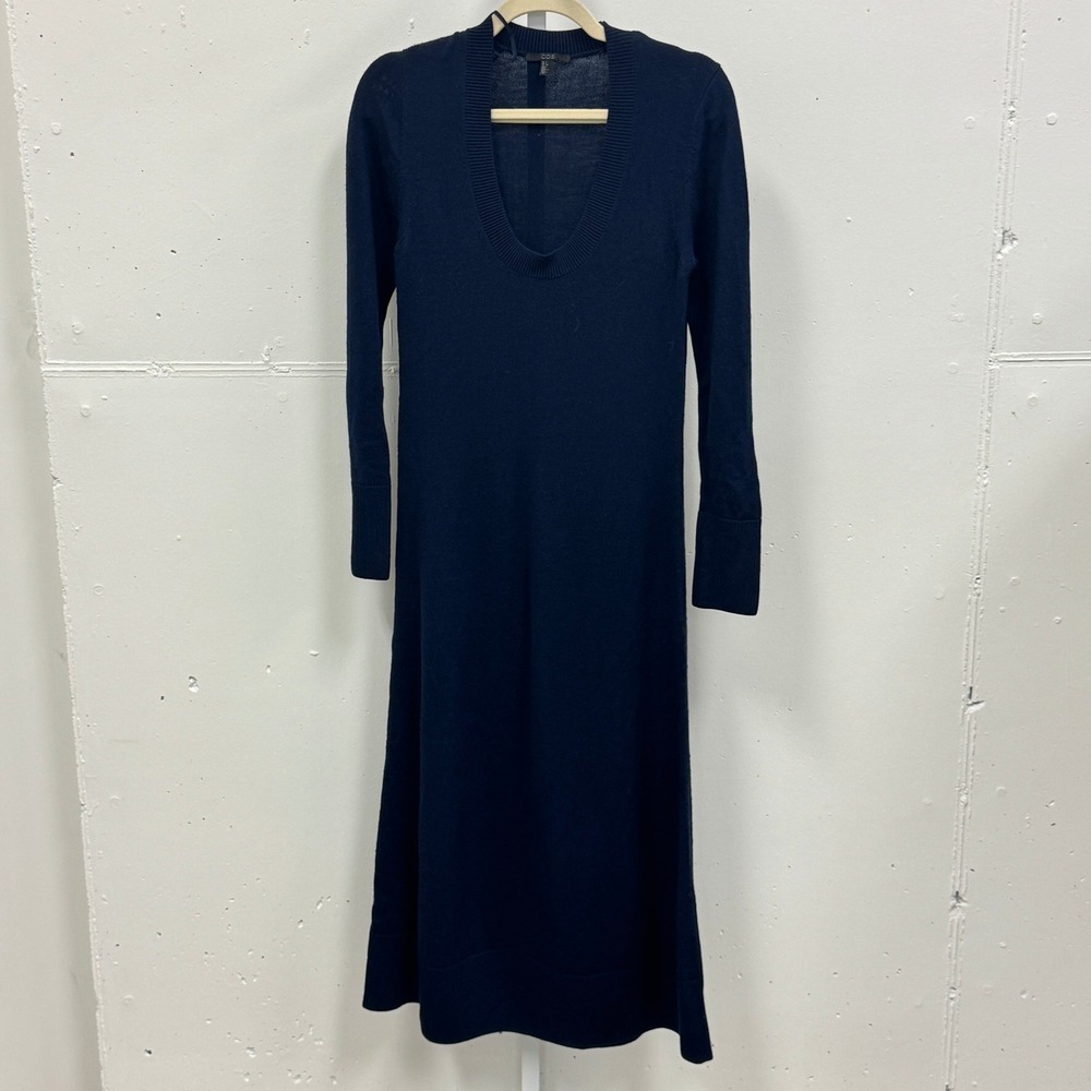 COS Navy Blue 100% Wool Scoop Neck Long Sleeve Heavy Knitted Midi Dress Small